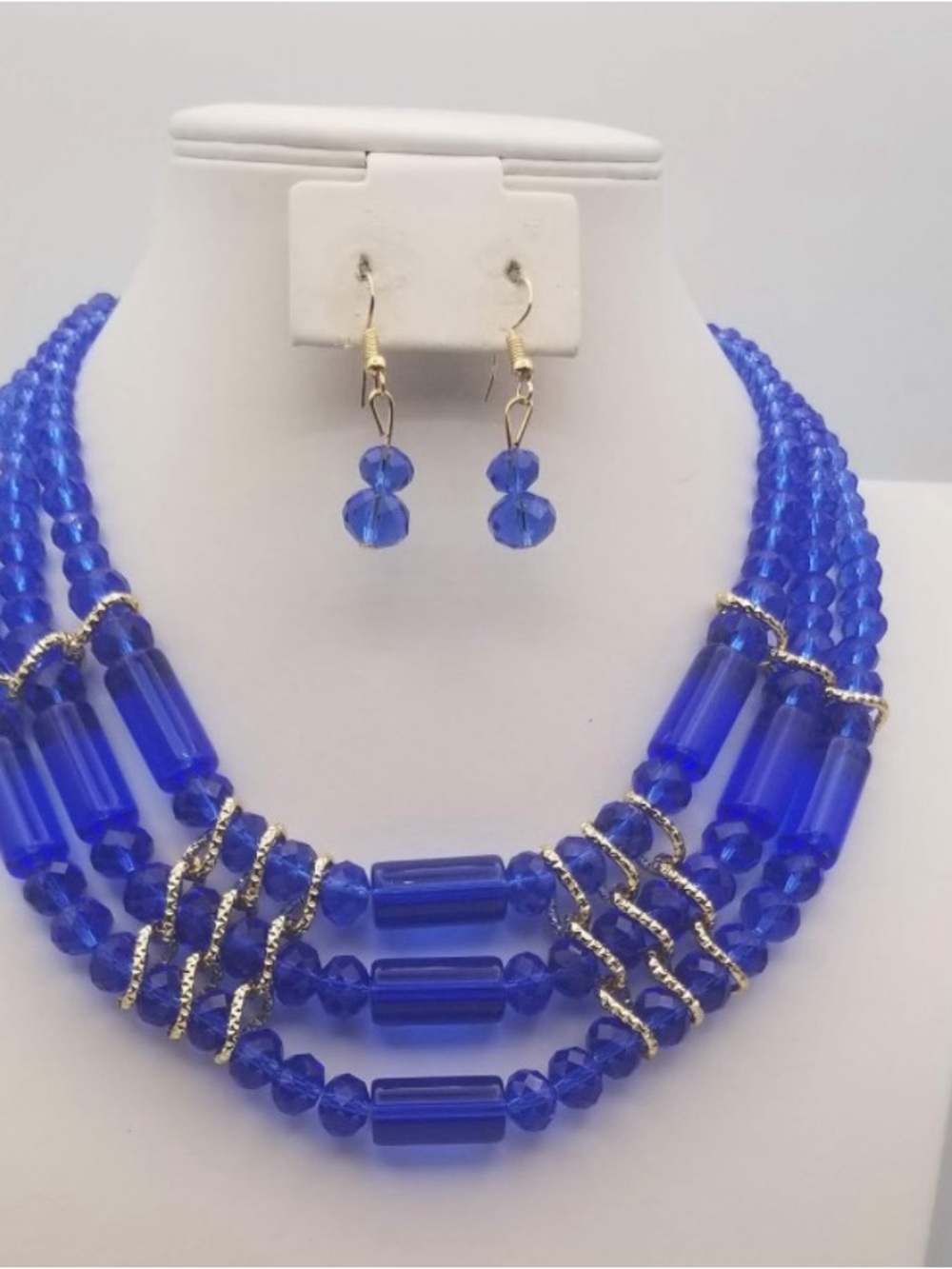 Cobalt Blue Multi-Strand Beaded Necklace & Earrings Set
